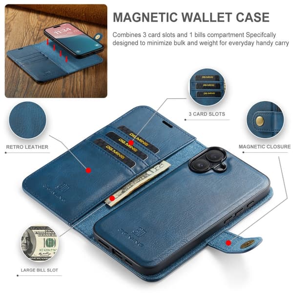 DG.MING 2-in-1 Magnet Wallet iPhone 16 Plus Blue