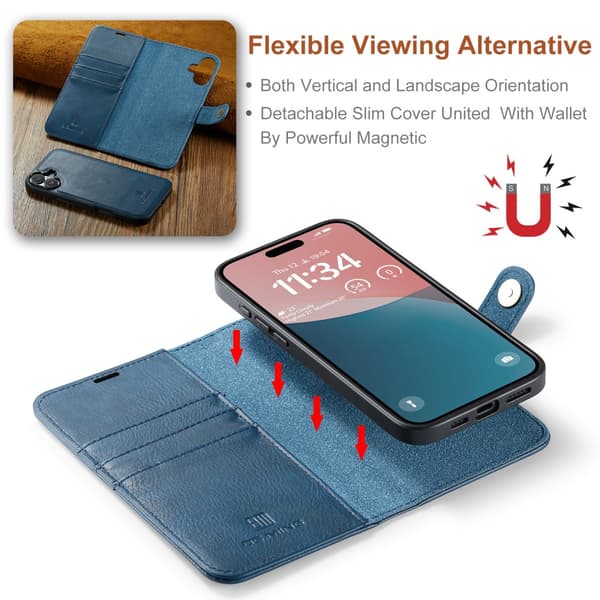 DG.MING 2-in-1 Magnet Wallet iPhone 16 Plus Blue
