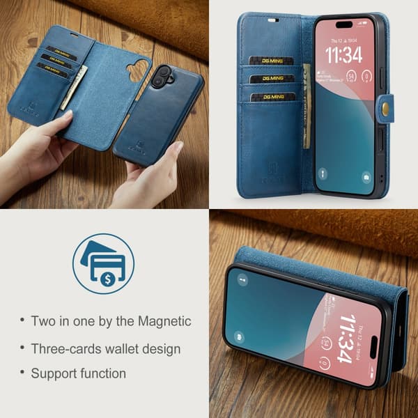 DG.MING 2-in-1 Magnet Wallet iPhone 16 Plus Blue