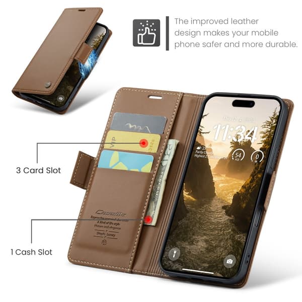CaseMe Slim Plånboksfodral RFID-skydd iPhone 16 Plus Brun