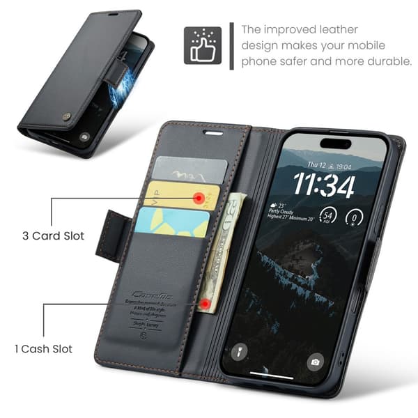 CaseMe Slim Plånboksfodral RFID-skydd iPhone 16 Plus Svart