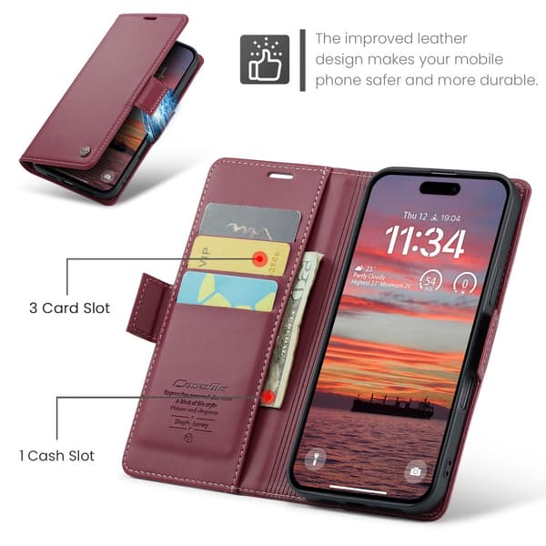 CaseMe Slim Plånboksfodral RFID-skydd iPhone 16 Röd
