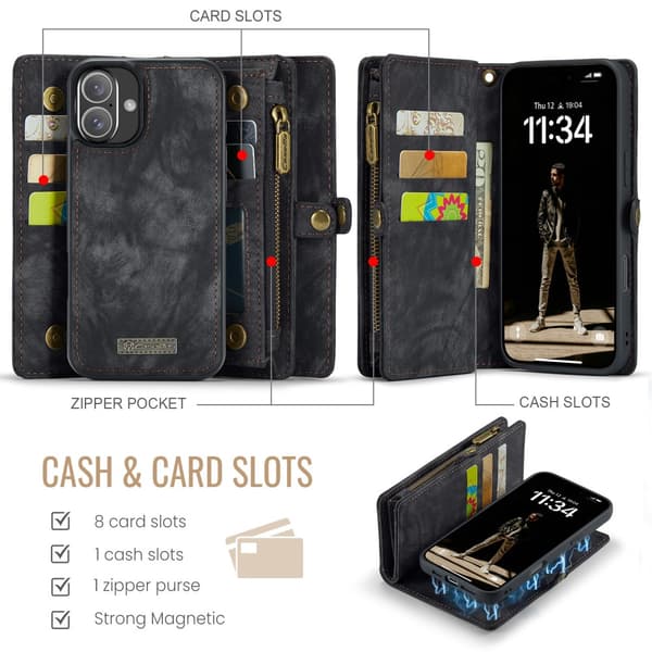 CaseMe Multi-Slot 2 i 1 Plånboksfodral iPhone 16 Plus Svart