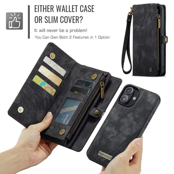 CaseMe Multi-Slot 2 i 1 Plånboksfodral iPhone 16 Plus Svart