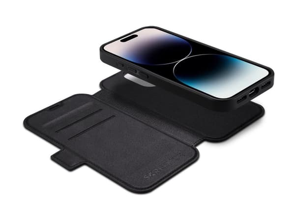 Screenor First - Kääntyvä suojus matkapuhelimelle - 2 in 1 - MagSafe-yhteensopivuus - aitoa nahkaa, termoplastista polyuretaania (TPU) - musta - Appl