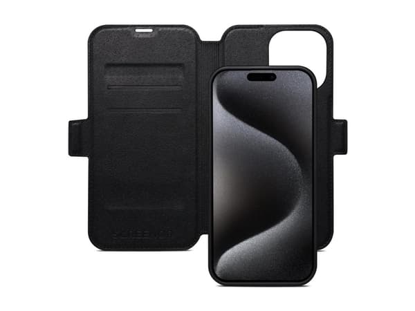 Screenor First - Vikbart fodral för mobiltelefon - MagSafe-kompatibilitet - läder, termoplastisk polyuretan (TPU) - svart - för Apple iPhone 16 Pro M
