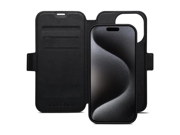 Screenor First - Vikbart fodral för mobiltelefon - 2-i-1 - MagSafe-kompatibilitet - läder, termoplastisk polyuretan (TPU) - svart - för Apple iPhone