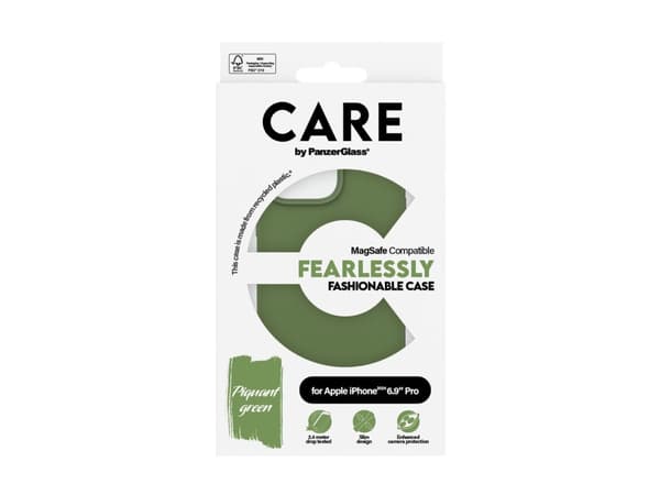 CARE by PanzerGlass - Baksidedeksel for mobiltelefon - MagSafe-samsvar - resirkulert plast - grønn - for Apple iPhone 16 Pro Max