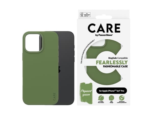 CARE by PanzerGlass - Baksidedeksel for mobiltelefon - MagSafe-samsvar - resirkulert plast - grønn - for Apple iPhone 16 Pro Max