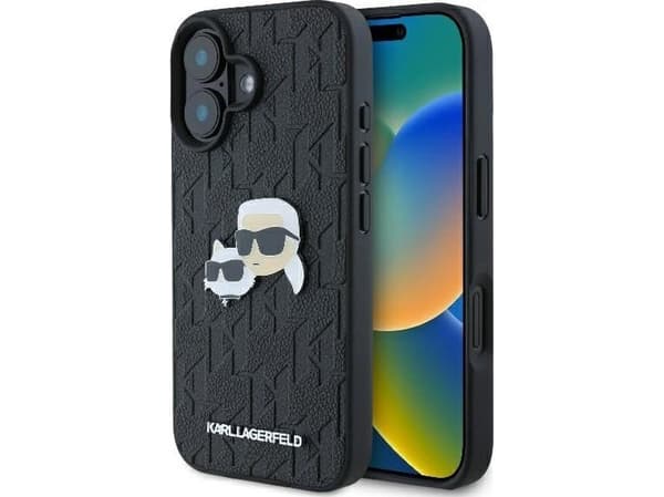Apple iPhone 16 Karl Lagerfeld Monogram Karl&amp;Choupette Head Pin (KLHCP16SPGKLKCPK) puhelimen tapauksessa musta
