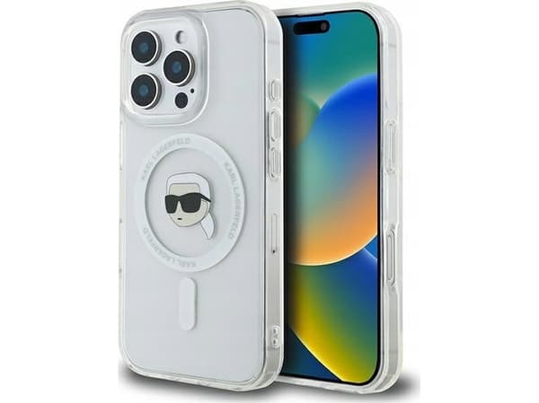 Apple iPhone 16 Pro Max Karl Lagerfeld IML Metal Karl Head MagSafe (KLHMP16XHLSKIH) telefondeksel i hvit farge