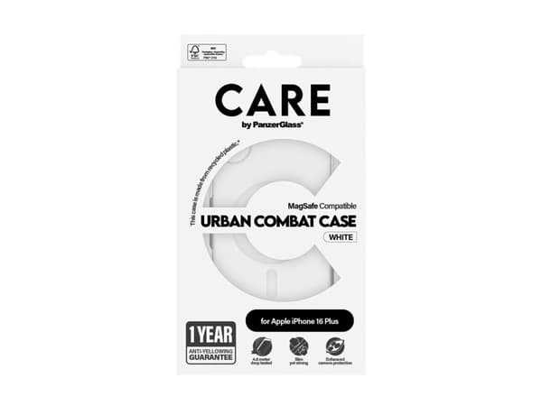 PanzerGlass CARE by ® Flagship Case Transparent Urban Combat w. White MagSafe iPhone 16 Plus, Cover, Apple, Apple - iPhone 16 Plus, Transparent