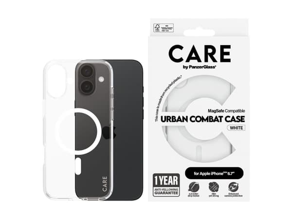 PanzerGlass CARE by ® Flagship Case Transparent Urban Combat w. White MagSafe iPhone 16 Plus, Cover, Apple, Apple - iPhone 16 Plus, Transparent