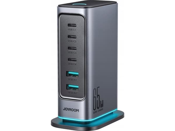 Joyroom JR-TCM02 multi-port GaN 65W EU 4x USB-C 2x USB-A laddare - mörkgrå