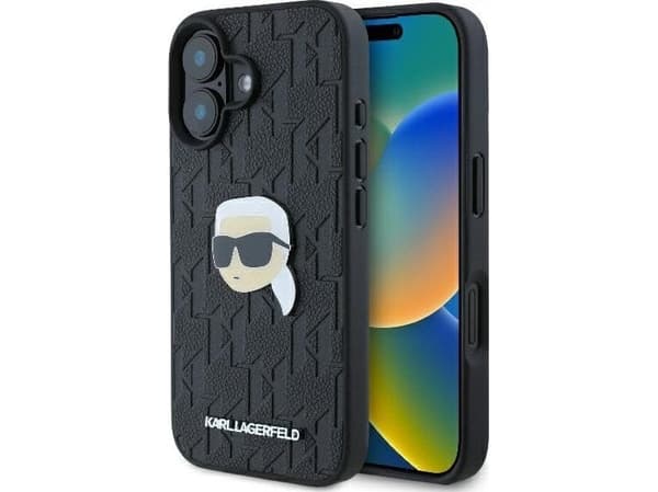Apple iPhone 16 Karl Lagerfeld Saffiano Monogram Karl Head Pin (KLHCP16SPGKLKIPK) puhelimen tapauksessa musta