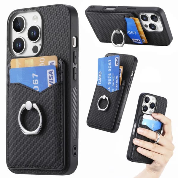 Skal iPhone 16 Pro Kortfack + Ring Kolfibertextur
