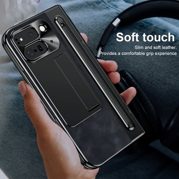 Google Pixel 9 Pro Fold 5G Kotelo Kickstand Nahka+PC Suojakuori Karkaistulla Lasilla ja Stylus - Musta