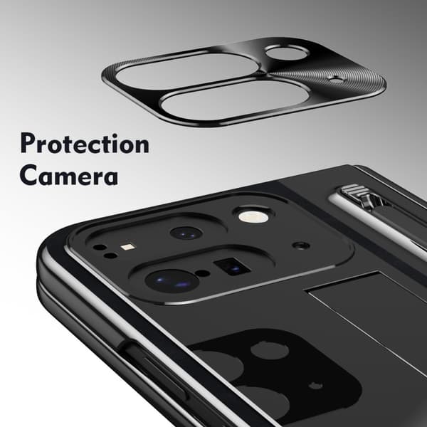 Google Pixel 9 Pro Fold 5G Kotelo Kickstand Nahka+PC Suojakuori Karkaistulla Lasilla ja Stylus - Musta