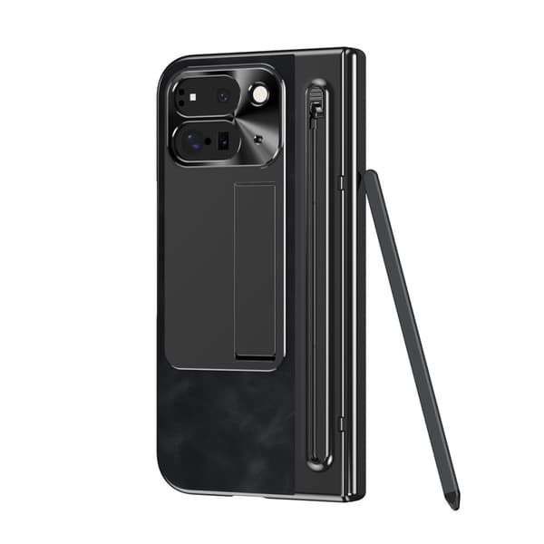 Google Pixel 9 Pro Fold 5G Kotelo Kickstand Nahka+PC Suojakuori Karkaistulla Lasilla ja Stylus - Musta