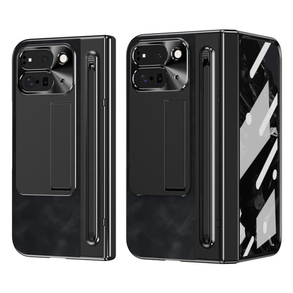 Google Pixel 9 Pro Fold 5G Kotelo Kickstand Nahka+PC Suojakuori Karkaistulla Lasilla ja Stylus - Musta