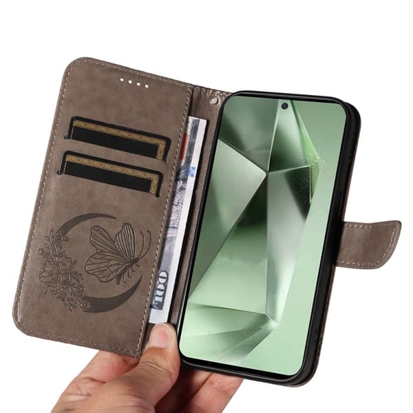 För Samsung Galaxy S24 FE Fodral Ställ Plånboksfodral Fjärilsmönster - Grå