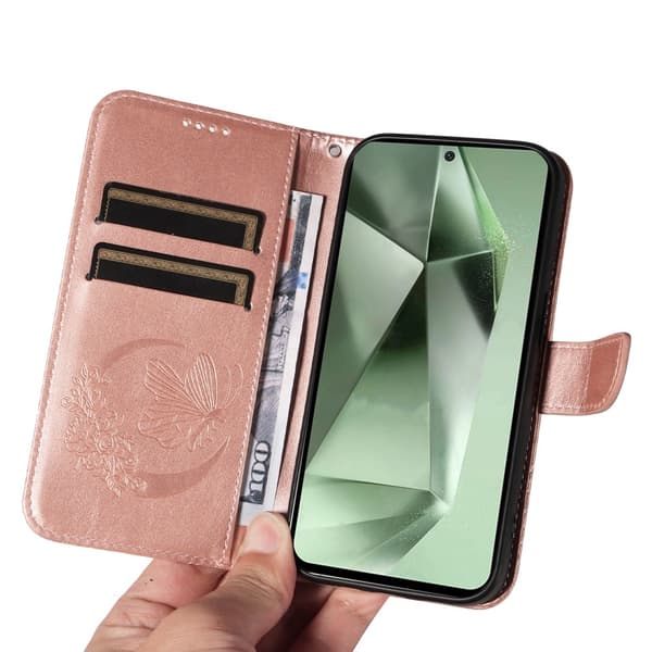 Til Samsung Galaxy S24 FE Dekselsett Lommebok-deksel Sommerfuglemønster - RoseGold