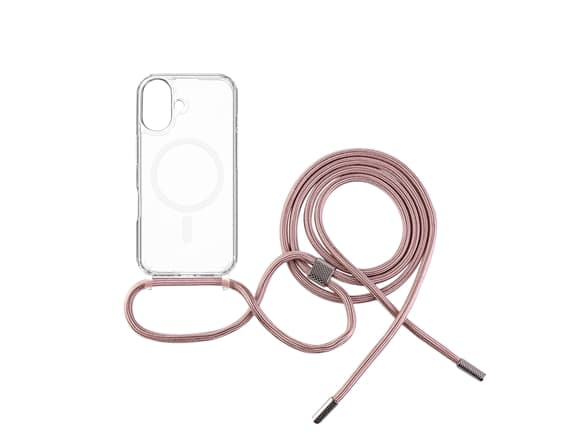 Fixed MagPure Neck - Baksidedeksel for mobiltelefon - with pink neck lanyard - MagSafe-samsvar - termoplast-polyuretan (TPU) - gjennomsiktig - for Ap