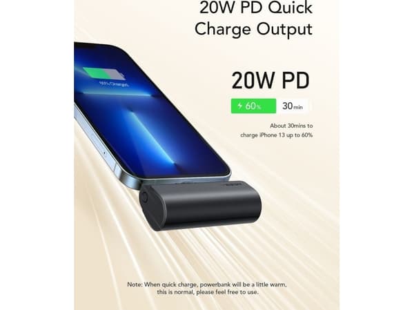 Veger Powerbank VEGER powerbank 5000 mAh med innebygd Lightning PD QC3.0-kontakt 3A 20W PlugOn (W0556P) svart