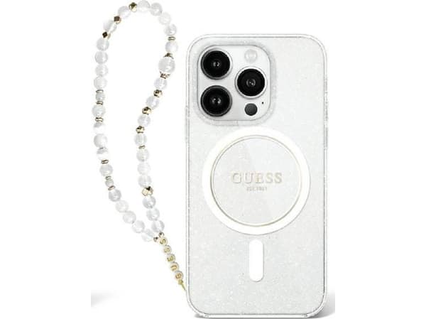 Guess Guess GUHMP16MHGCRELST iPhone 16 Plus 6.7" przeźroczysty/transparent hardcase IML Glitter With Pearl Strap MagSafe