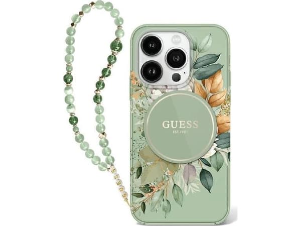 Guess Guess GUHMP16MHFWBRCESN iPhone 16 Plus 6.7" zielony/green hardcase IML Flowers With Pearl Strap MagSafe