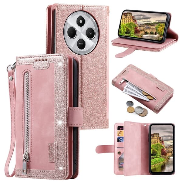 Til Xiaomi Redmi 14C Etui med Lynlåslomme og 9 Kortlommer – RoseGold