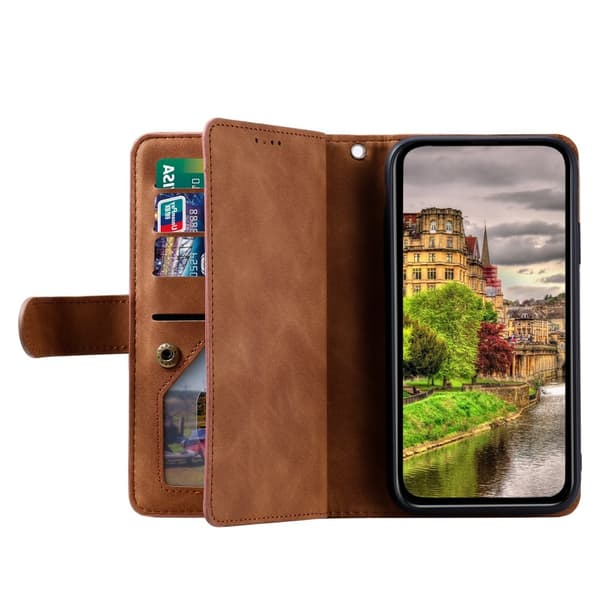 För Xiaomi Redmi 14C Fodral med Dragkedja och 9 Kortplatser – Brun