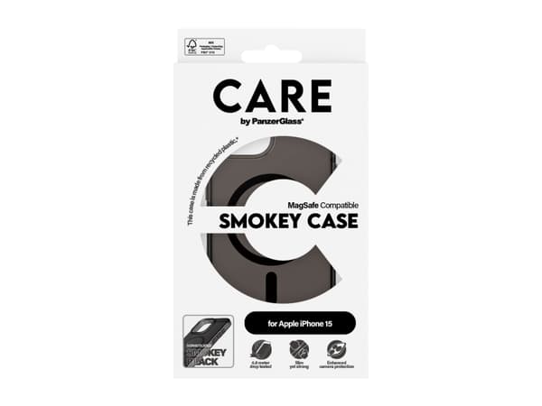 PanzerGlass CARE Flagship Case Smokey/Black MagSafe iPhone 15, Apple, Apple - iPhone 15, Tørr påføring, Ripebestandig, Sjokkresistent, Sort, 1 stykke