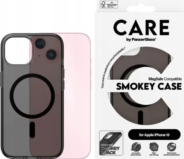 PanzerGlass CARE Flagship Case Smokey/Black MagSafe iPhone 15, Apple, Apple - iPhone 15, Tørr påføring, Ripebestandig, Sjokkresistent, Sort, 1 stykke