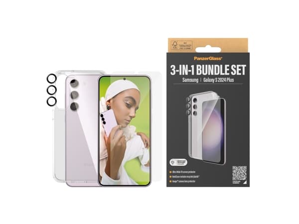 PanzerGlass 3-in-1 Pack Samsung Galaxy S24 Plus| UWF, Samsung, Samsung - Galaxy S24 Plus, Torr applicering, Reptålig, Stöttålig, Transparent, 1 styck