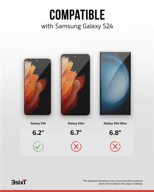 3SIXT 4in1 Protection Bundle mobilskall, skjermbeskytter, kamerabeskytter og stressfri applikator, kompatibel med Samsung Galaxy S24, gjennomsiktig