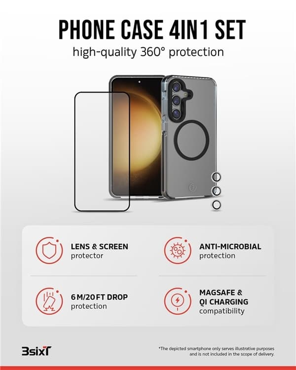 3SIXT 4in1 Protection Bundle mobilskall, skjermbeskytter, kamerabeskytter og stressfri applikator, kompatibel med Samsung Galaxy S24, gjennomsiktig