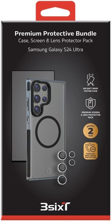 3SIXT 4in1 Protection Bundle mobilskall, skjermbeskytter, kamerabeskytter og stressfri applikator, kompatibel med Samsung Galaxy S24 Ultra, gjennomsik