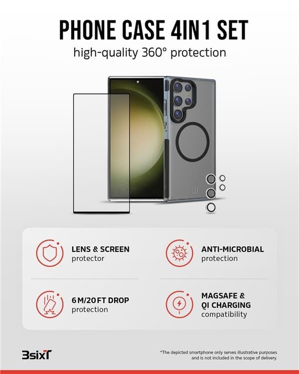 3SIXT 4in1 Protection Bundle mobilskall, skjermbeskytter, kamerabeskytter og stressfri applikator, kompatibel med Samsung Galaxy S24 Ultra, gjennomsik