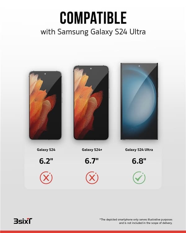3SIXT 4in1 Protection Bundle mobilskall, skjermbeskytter, kamerabeskytter og stressfri applikator, kompatibel med Samsung Galaxy S24 Ultra, gjennomsik