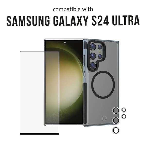 3SIXT 4in1 Protection Bundle mobilskall, skjermbeskytter, kamerabeskytter og stressfri applikator, kompatibel med Samsung Galaxy S24 Ultra, gjennomsik