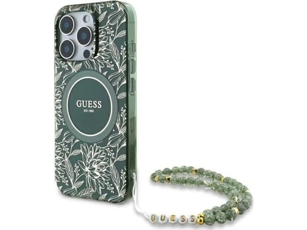 Guess GUHMP16XHCPOFPA Apple iPhone 16 Pro Max 6,9" fodral för telefon grönt hårdskal IML Flowers Allover Electro med Pearl Strap MagSafe