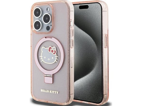 Hello Kitty-ringstativ med glitter Electrop-logo MagSafe-deksel iPhone 15 Pro - rosa