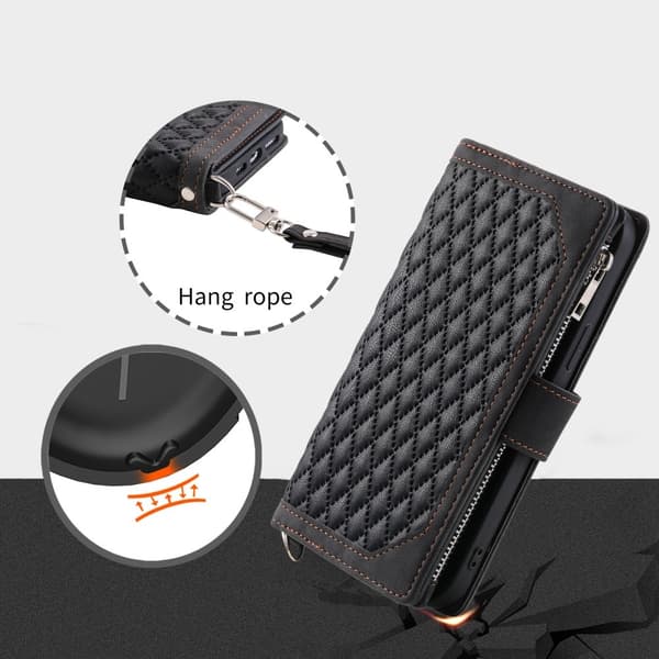 För Xiaomi Redmi 14C Zipper Wallet Case Rhombus Stitching Line Telefonfodral