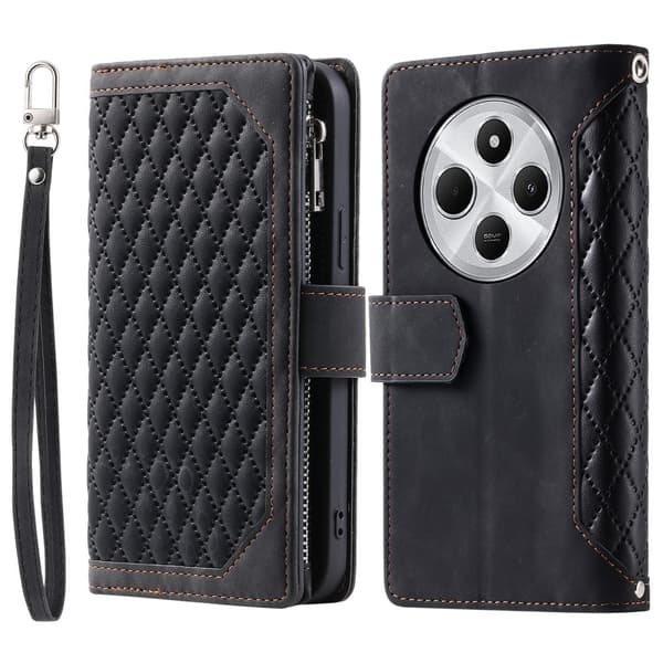 För Xiaomi Redmi 14C Zipper Wallet Case Rhombus Stitching Line Telefonfodral