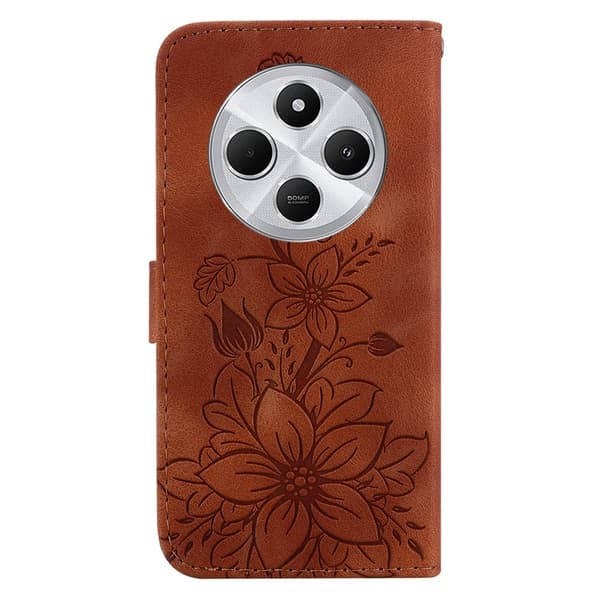 För Xiaomi Redmi 14C Fodral Ställ Plånboksfodral Blommönster - Brun