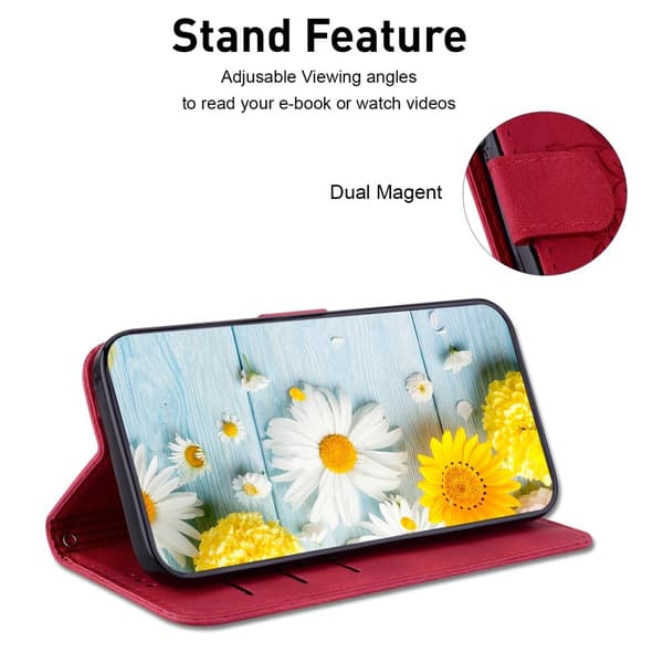 För Xiaomi Redmi 14C Fodral Ställ Plånboksfodral Blommönster - Röd