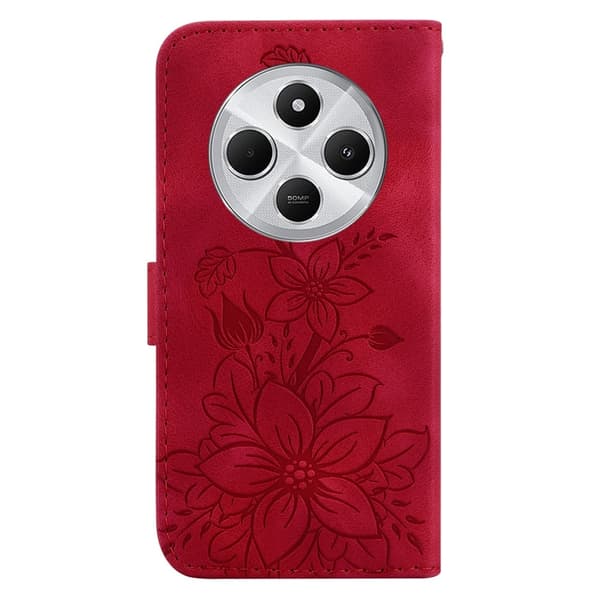 För Xiaomi Redmi 14C Fodral Ställ Plånboksfodral Blommönster - Röd