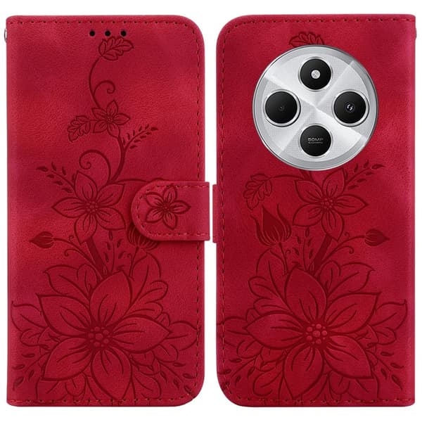 För Xiaomi Redmi 14C Fodral Ställ Plånboksfodral Blommönster - Röd