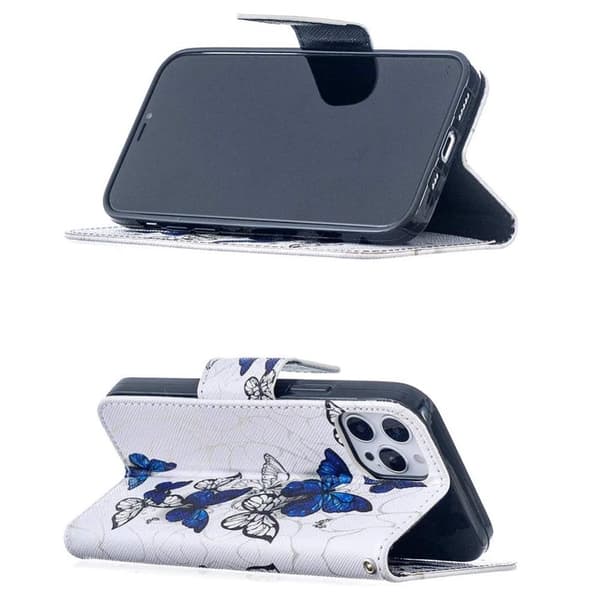 Plånboksfodral iPhone 16 Pro Max – Blåa och Vita Fjärilar
